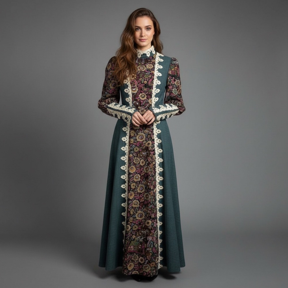 VTG‎ RARE 1969 Gunne Sax California Green Floral Renaissance Maxi Dress Cottage